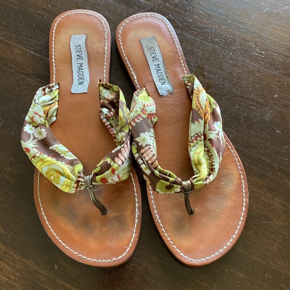 STEVE MADDEN silk fabric thong sandal burgundy brown green - Picture 2 of 5